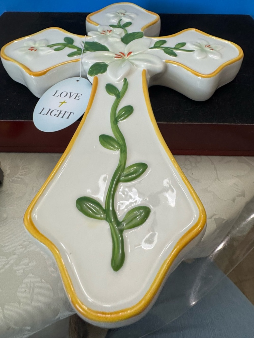 Love + Light White Ceramic Floral Cross Wall Decor - Picture 5 of 8